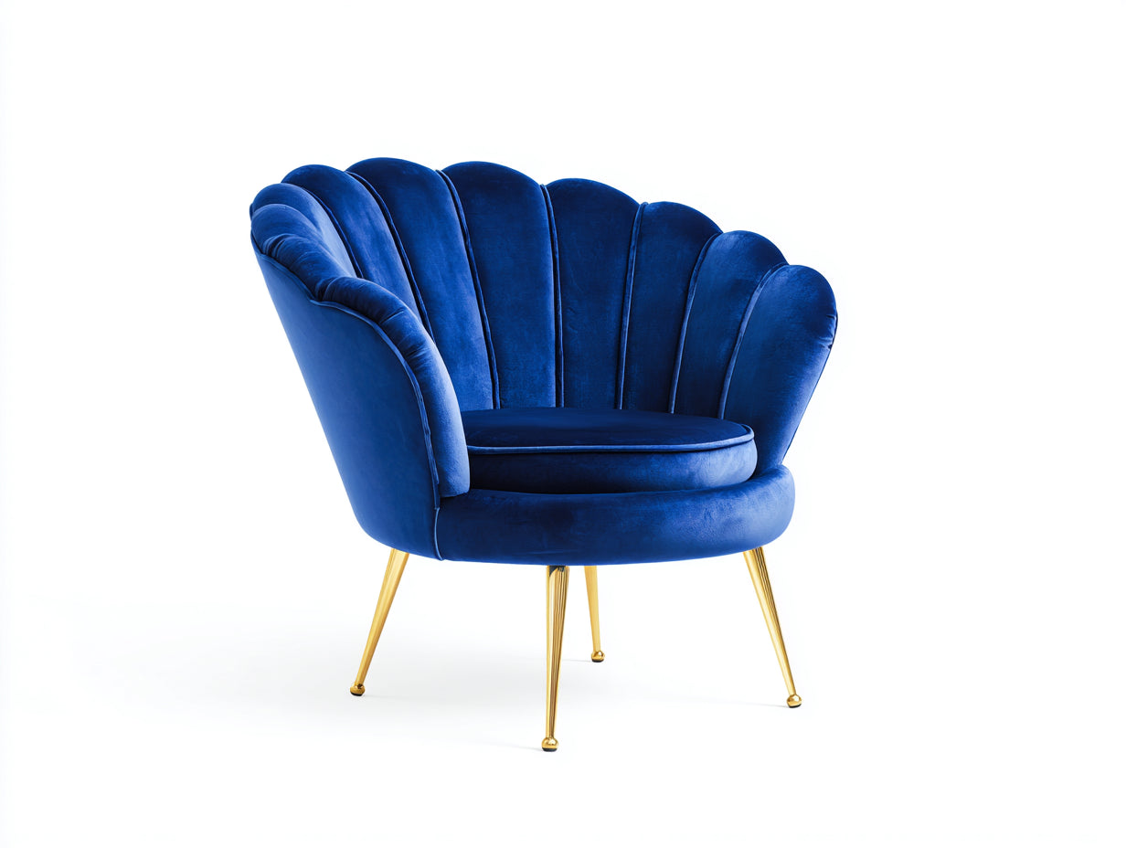 Fauteuil - velours-métal - 98x80x78 cm - bleu-or - design coquillage rétro
