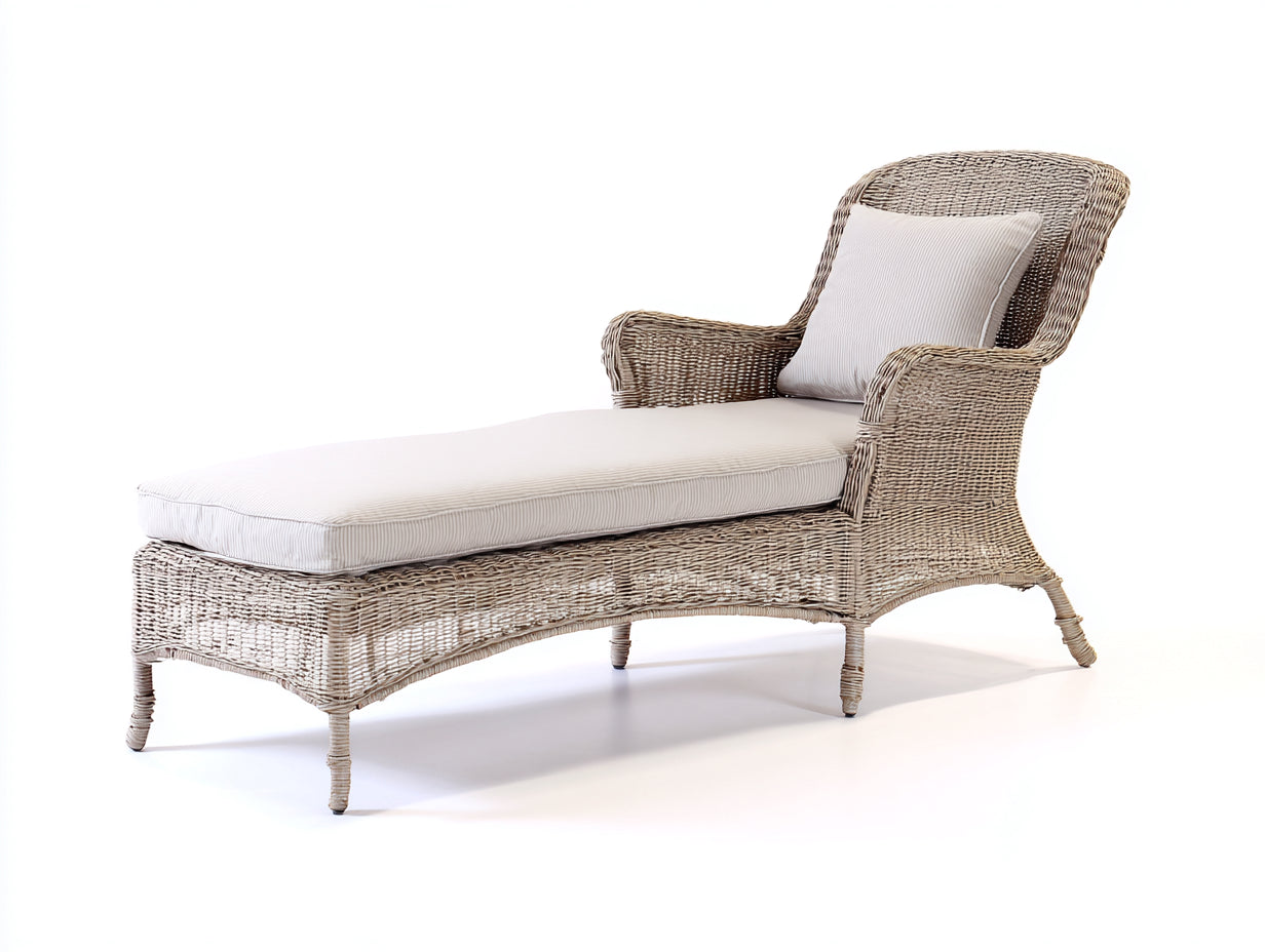 Bain de soleil - rotin-tissu - 188x79x82 cm - blanc-beige - style naturel