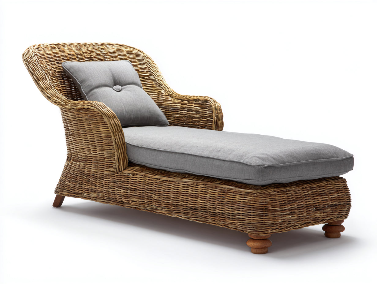 Bain de soleil - rotin-tissu - 194x82x84 cm - gris-marron - style naturel