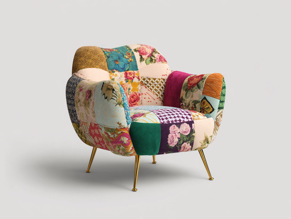 Fauteuil - tissu velours-métal - 92x80x76 cm - bleu-rose-beige-vert-jaune-or - design patchwork floral