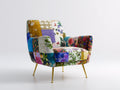 Fauteuil - tissu velours-métal - 93x79x76 cm - bleu-jaune-blanc-vert-rose-or - design patchwork floral
