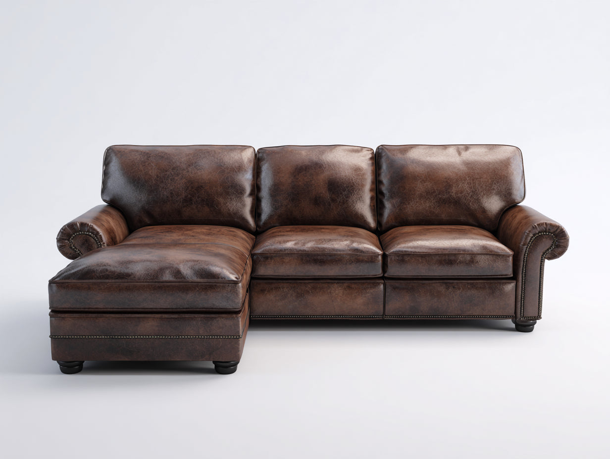 Canapé d'angle - similicuir-bois-métal - 299x175x82 cm - marron - style classique