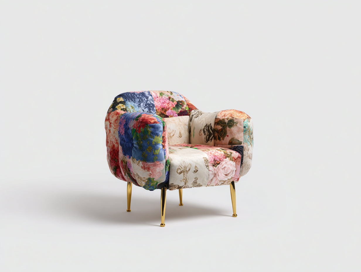 Fauteuil - tissu velours-métal - 89x77x75 cm - bleu-rose-beige-vert-or - design patchwork floral