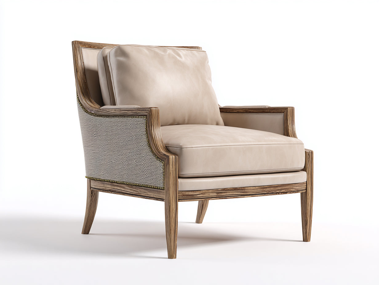 Fauteuil - cuir synthétique-bois-tissu - 105x86x82 cm - beige-marron-gris - design classique moderne